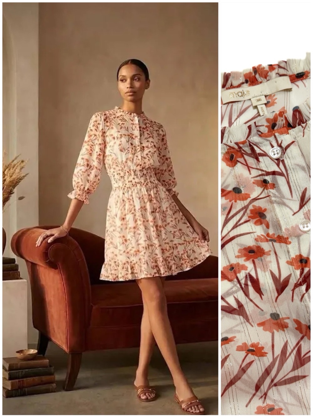 MAJE Rythona Metallic-trimmed Floral-print Chiffon Mini Dress Terracotta Size 36